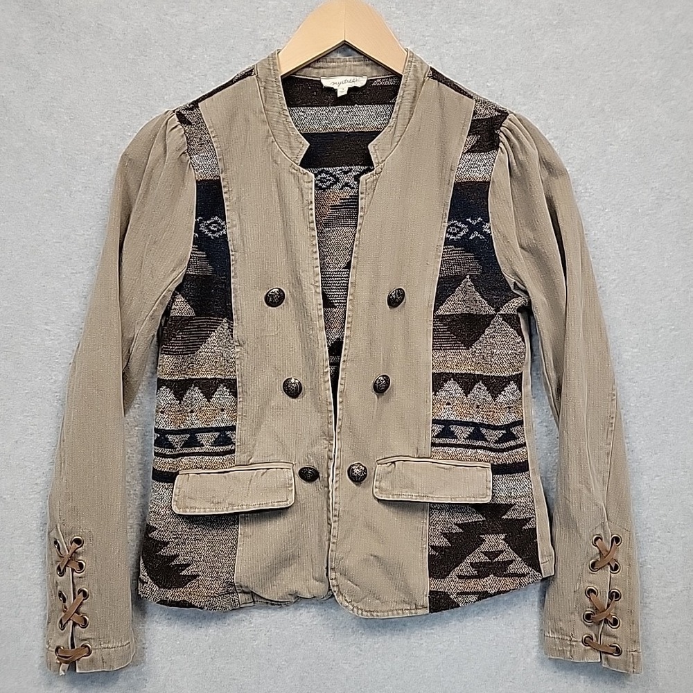 MYSTREE Womens S Brown Southwestern Aztec Tapestry Jacket Blazer Boho‎ Chic